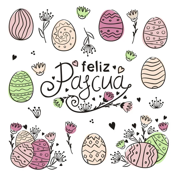 Set Decoración Pascua Para España Feliz Pascua Español Huevos Flores — Vector de stock