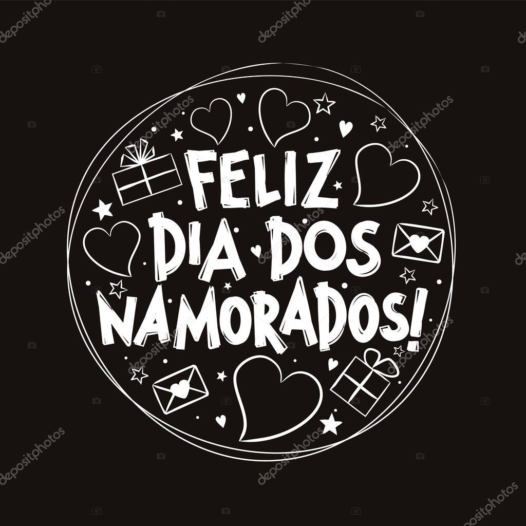 Portuguese Happy Valentine's Day logo in chalky style. Black and white hand drawn design with hearts and gift boxes. Vector love illustration for Portugal. Translation: Happy Valentine's Day