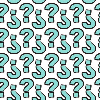 Elle çizilmiş simgelerin kusursuz vektör deseni. Mavi soru işaretli karikatür arkaplanı. Yardım afişi tasarımı, web tasarımı, kapaklar ve arkaplanlar için vektör illüstrasyonu.