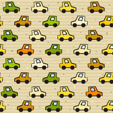 Elle çizilmiş arabaların kusursuz vektör desenleri. Çizgili bej arka plan, çok renkli çocuk arabası ve noktaları var. Pankart tasarımı, web tasarımı, kapaklar ve arkaplanlar için vektör illüstrasyonu.