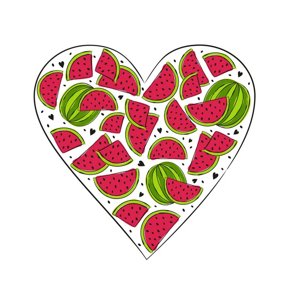 Herz Aus Handgezogener Wassermelone Und Scheiben Saftiger Fruchtrahmen Zum Thema — Stockvektor