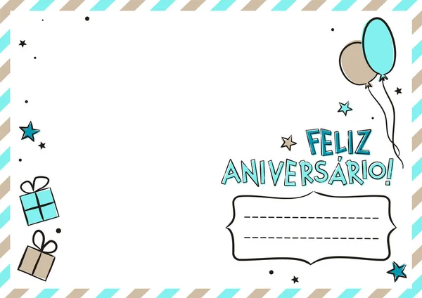 Portugiesische Glückwunschpostkarte Zum Geburtstag Mit Luftballons Und Geschenkschachteln Niedliche Grußkarte — Stockvektor