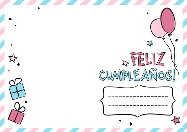 Spanische Glückwunschpostkarte Zum Geburtstag Mit Luftballons Und Geschenkschachteln Niedliche Grußkarte — Stockvektor