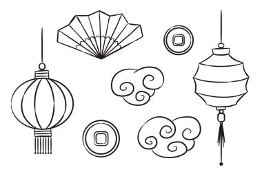 Çin kültürünün el yapımı unsurları. Çin fenerleri, kıvırcık bulutlar, yelpaze, bozuk paralar. Beyaz arkaplanda karalama biçiminde vektör illüstrasyonuName