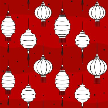 Kırmızı arka planda, Çin fenerlerinin kusursuz deseni. El çizimi kağıt lamba. Çin kültürü ve Yeni Yıl teması üzerine vektör illüstrasyonu
