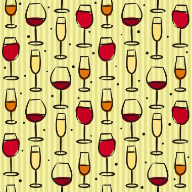 Elle çizilmiş şarap kadehinden kusursuz desen. Kadehli klasik bir arka plan. Bir kadeh şarap, şampanya ve içki. Şarap, restoran ve bar için vektör illüstrasyonu.