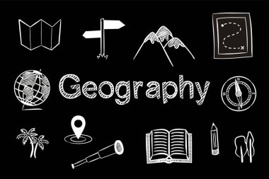 Tebeşirle çizilmiş Coğrafya Okulu simgeleri. Pusula, pusula, harita, rota, dağlar, navigasyon, Spyglass, coğrafya. Okul ve eğitim projeleri için vektör illüstrasyonu.
