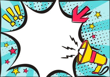 Popart tarzında bağıran parlak, komik, boş bir konuşma balonu. Patlama şeklindeki yazı için beyaz kutu, yıldızlar ve ok. Vektör çizimi. Teklif şablonu, duyuru veya indirim.