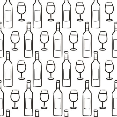Kusursuz el yapımı şişeler ve şarap kadehleri. Siyah-beyaz çizgili grafikler. Şarap, restoran ve bar için vektör illüstrasyonu.