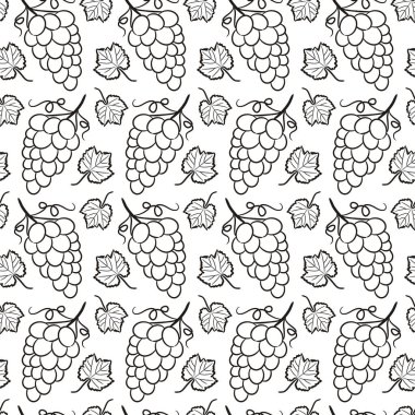 Üzüm yaprakları ve demetler çizilmiş kusursuz bir el izi. Siyah-beyaz çizgili grafikler. Şarap, restoran ve bar için vektör illüstrasyonu.