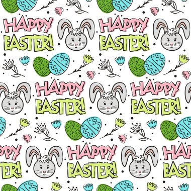 Paskalya yumurtaları, tavşan ve çiçeklerle elle çizilmiş. Arka planda renkli lekeler var. Karalama biçiminde kusursuz Paskalya vektör deseni.