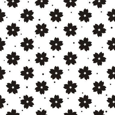Beyaz arka planda siyah sakura çiçeklerinin kusursuz deseni. Çizgi film tarzında çiçek açan siluet. Çiçek, bahar, güzellik ve Japonya temalarını şekillendirmek için vektör arkaplan.