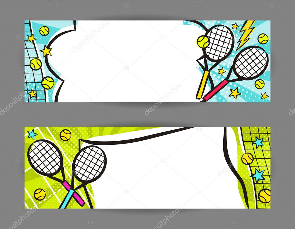 Bright pop art banners for Tennis with rackets, balls, net and stars. Cartoon text frame on a ray background. Comic Template for web design, banners, cards, coupons and posters. Vector illustration