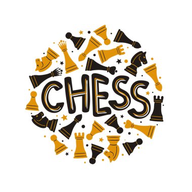 Satranç taşlarıyla satranç amblemi çizmişsin. Spor kulübü, turnuva ya da yarışma için yuvarlak logo. Karalama biçiminde vektör illüstrasyonu