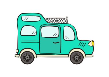 El yapımı, çatısı askılı bir turkuaz minivan. Karavan beyaz arka planda izole edilmiş. Doodle Vektör illüstrasyonu seyahat, kervancılık, kamp, yürüyüş ve karavan konulu.