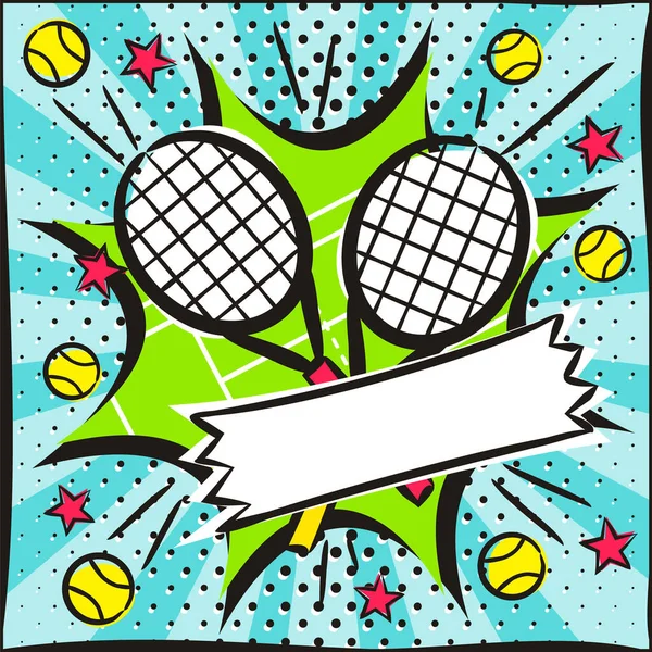 Ljus Pop Konst Banner För Tennis Med Racketar Bollar Och — Stock vektor
