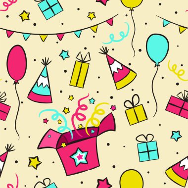 Sürpriz kutulu kusursuz doğum günün kutlu olsun. El yapımı tatil öğeleri, hediyeler, balonlar, yıldızlar, çelenkler. Kutlama Vektörü illüstrasyonu.