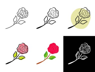 Gül çiçeği simgeleri beyaz arkaplanda izole edildi. Kara tahtaya elle çizilmiş karalama stili, düz ve tebeşir şeklinde bir şekil. Logotype, amblem ve tasarım için vektör illüstrasyonu.