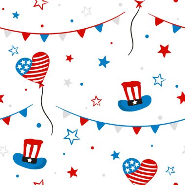 Amerika 'nın Bağımsızlık Günü için kusursuz karalama kalıbı. Amerika Birleşik Devletleri 'nin ulusal renklerinde 4 Temmuz için el yapımı unsurların arka planı. Festival dekorasyonu için vektör illüstrasyonuName.