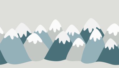 Gri-mavi renklerde, karla kaplı dağların kusursuz sınırı. Karalama tarzında elle çizilmiş bir manzara. Doğal, turist, seyahat ve tatil projelerinin dekorasyonu için vektör illüstrasyon.