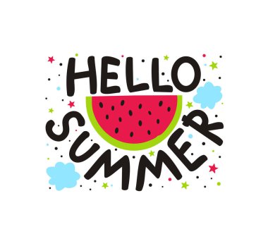 Merhaba Yaz logosu. Bulutlu ve karpuzlu güzel bir el çizimi kart. Afişler ve afişler için karalama biçiminde vektör illüstrasyonu.