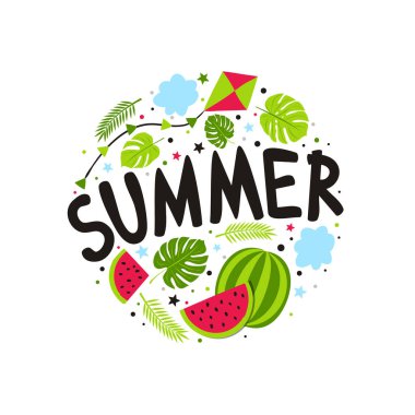 Tatlı el, yaz amblemini karpuz, uçurtma ve ormanla çizmiş. Logo, kartpostal, poster ya da afiş için yuvarlak logo. Beyaz arkaplanda karalama biçiminde vektör illüstrasyonuName