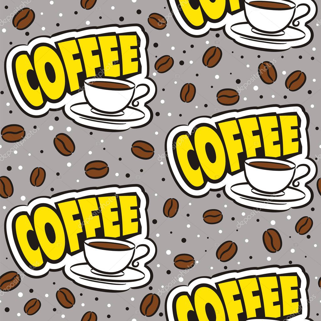 Seamless comic coffee pattern in pop art style. Cartoon Cup and coffee beans. Background for cafe, restaurant, coffee shop or menu. Vector illustration.
