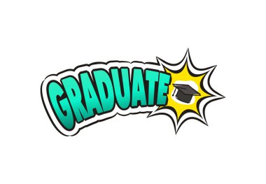 Çizgi roman mezuniyet logosu çıkartması. Pop sanat tarzında duygular rozeti. Mezuniyet okulu, enstitü, üniversite, akademi ve üniversite için şapkalı bir çizgi film logosu. İzole Vektör illüstrasyonu