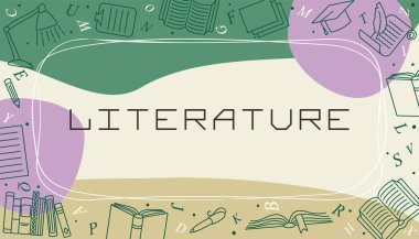 Edebiyat için vektör tasarım şablonları basit modern tarzda ve çizgi okul unsurlarıyla. Bir özel ders, afiş, poster, sunum, sıçrama ekranı veya proje için kapak.