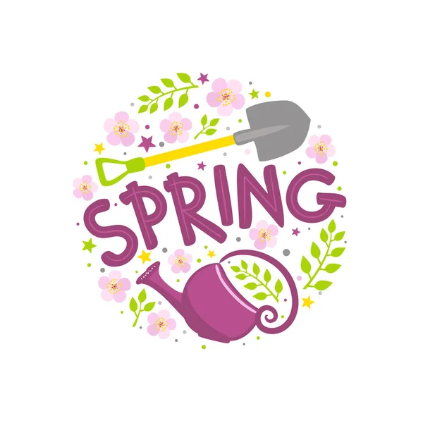 Niedliche Frühlingsschrift Emblem Mit Blühenden Blumen Schaufel Und Gießkanne Handgezeichnetes — Stockvektor