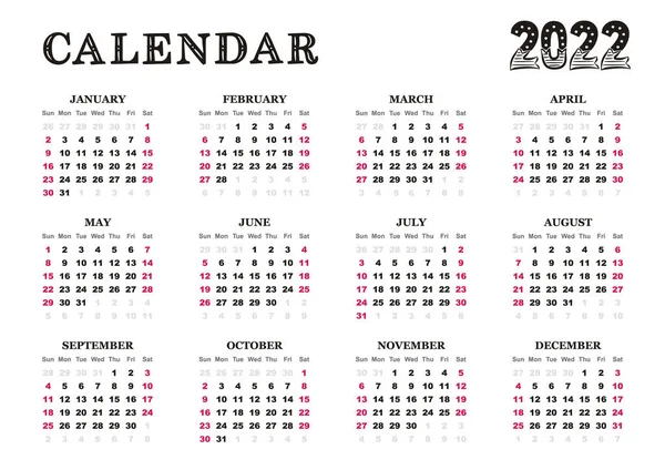 Landscape Calendar Template 2022 Year Months Yearly Calendar Set 2022 — Archivo Imágenes Vectoriales