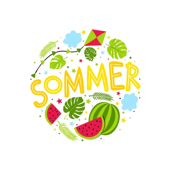 Handgezeichnetes Sommerwappen Mit Wassermelone Drachen Und Dschungel Rundes Logo Für — Stockvektor