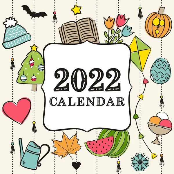 2022年日历的主题模板 用季节盖住日历 印刷年鉴和笔记本的模式 矢量手绘插图 涂鸦风格 — 图库矢量图片