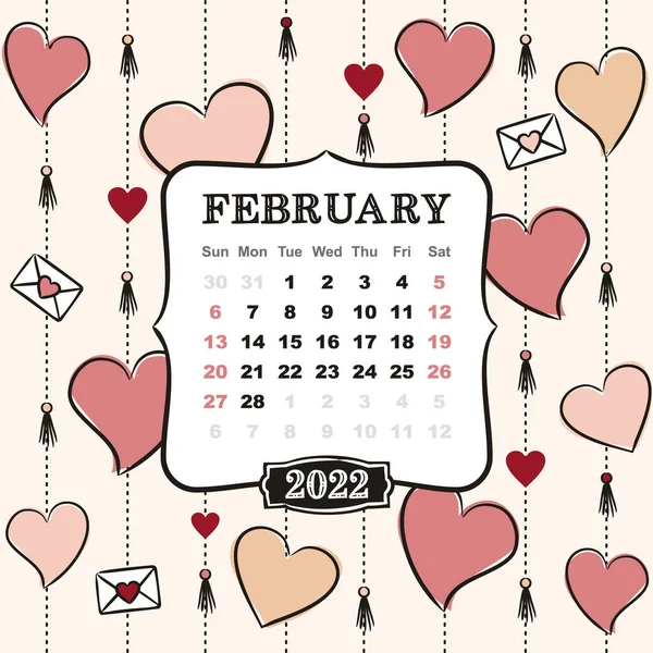 Plantilla Temática Para Calendario Para 2022 Mes Febrero Diseño Para — Archivo Imágenes Vectoriales