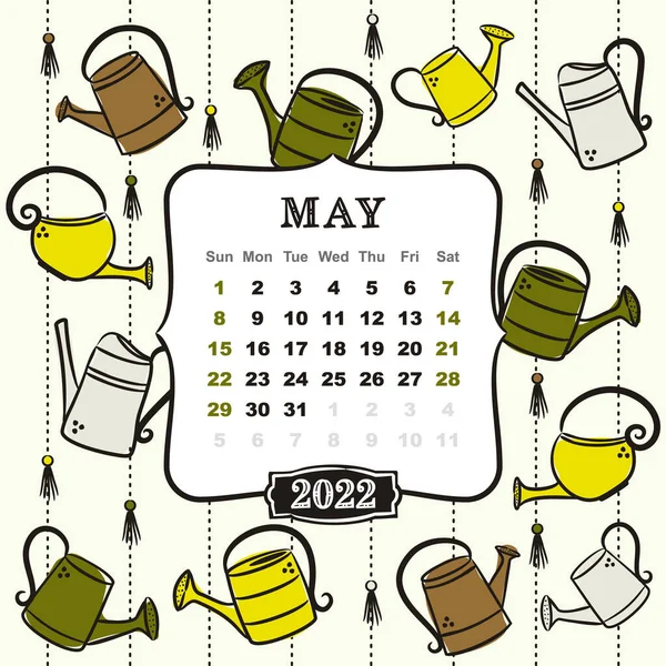 2022年日历的主题模板 五月的那个月设计日历的主题是春天和花园的工作 五彩缤纷的花园浇灌罐 矢量手绘插图 涂鸦风格 — 图库矢量图片