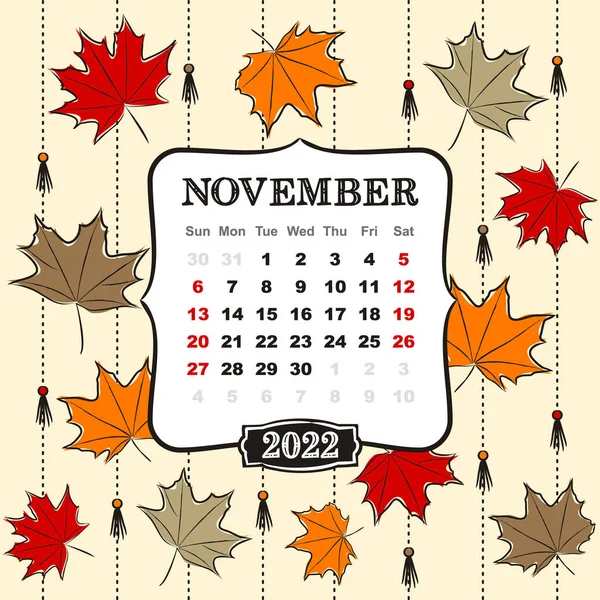 2022年日历的主题模板 11月的事设计以秋天 黄色和橙色枫叶为主题的日历 矢量手绘插图 涂鸦风格 — 图库矢量图片
