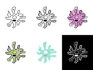 Amoeba simgeleri beyaz arkaplanda izole edildi. Kara tahtaya elle çizilmiş karalama stili, düz ve tebeşir şeklinde bir şekil. Biyoloji ve bilim projeleri için vektör illüstrasyonu