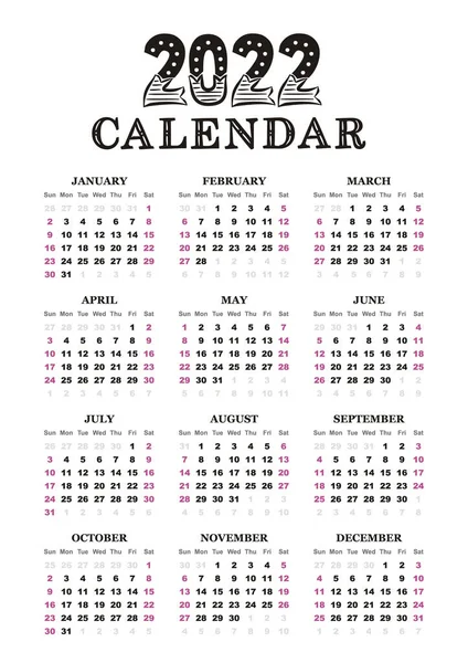 2022年垂直日历模板 2022年为12个月 周开始于周日 矢量说明 — 图库矢量图片