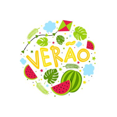 Portekizliler Summer amblemini karpuz, uçurtma ve ormanla çizdiler. Poster ya da afiş için yuvarlak logo. Beyaz arkaplanda karalama tarzında vektör illüstrasyonu izole edildi. Çevirisi: Yaz