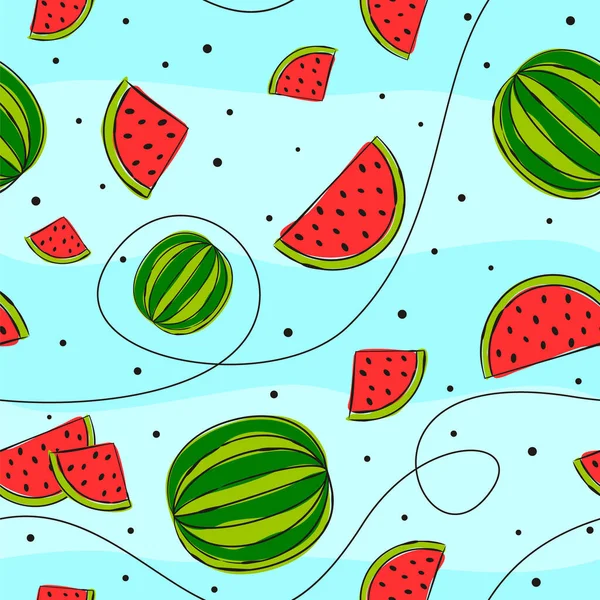 Nahtloses Vektormuster Mit Handgezeichneten Wassermelonen Leuchtend Grüne Und Rote Scheiben — Stockvektor