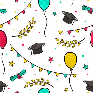 Karalama stili elementlerle kusursuz mezuniyet kalıbı. Bayrakları, balonları, yıldızları, defne dalları ve mezuniyet şapkası olan bir karikatür tatili. Yarım ton süslemeli vektör illüstrasyonu.