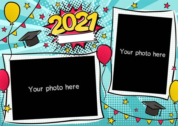 ポップアートスタイルで2021年のクラスのための写真フレーム 卒業生やコミュニティのための写真アルバム アカデミー ポスター カードのフレームのデザインのための漫画ベクトルテンプレート — ストックベクタ