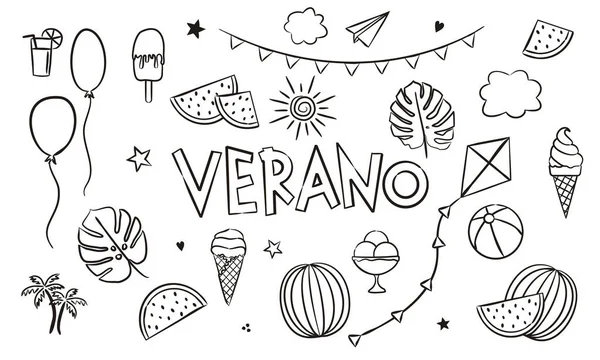 Spanish Summer Coloring Doodle Elements Seasonal Calendar Hand Drawn Doodle — Stock Vector
