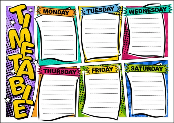 Comic Vorlage Eines Stundenplans Für Tage Der Woche Cartoon Blank — Stockvektor