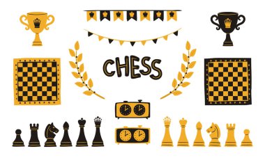 Satranç taşları, dama tahtası, bardak, bayraklar, bardak ve defne. Spor projeleri ve yarışmalar için siyah ve sarı izole ikonlar. Vektör illüstrasyonu.
