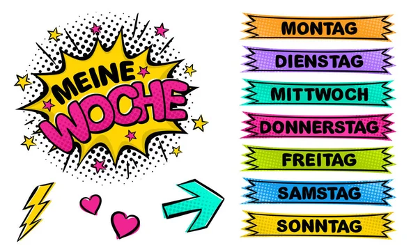 Deutsche Wochentag Etiketten Ein Satz Comic Sticker Für Den Wochenplaner — Stockvektor