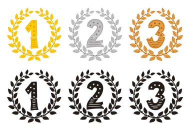 El yapımı altın, gümüş ve bronz Laurel çelenkleri. Şeref yayası: birinci, ikinci ve üçüncü. Siluet seti. Zafer teması, ödüller, kazananlar ve yarışmalar üzerine vektör illüstrasyon.