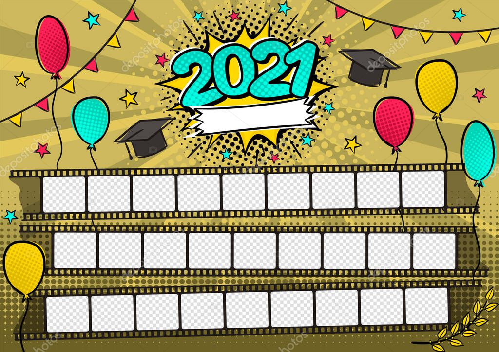 Photo frame for class of 2021 in pop art style. A photo album for a graduating class or community. Vector Template for the design of frames for Kindergarten, photographs, posters, cards.