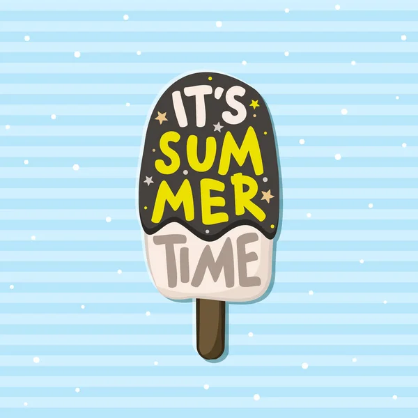 现在是夏天了用带条纹蓝色底色的冰淇淋制作夏令卡片 以休息 度假和取暖为主题 设计海报 横幅和T恤衫的矢量图解 — 图库矢量图片
