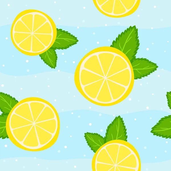 Nahtloses Sommermuster Aus Zitronenscheiben Und Minzblättern Erfrischend Saftigen Hintergrund Mit — Stockvektor